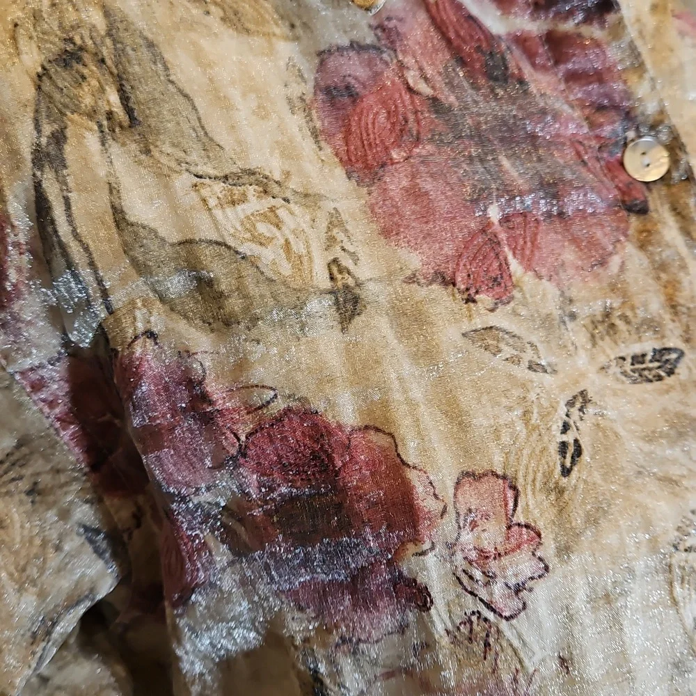 Chico's Design Shimmering Gold Floral Women's Jacket Style Shirt Size 1 #1031 - Picture 2 of 16